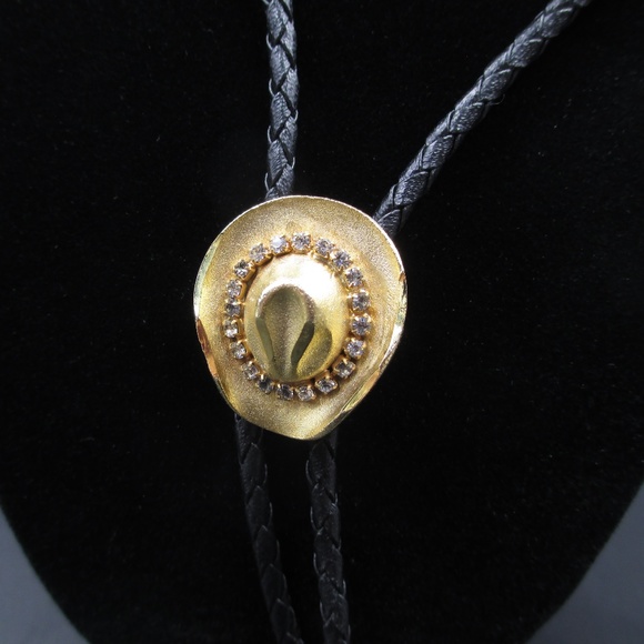 Other - Black Leather Rhinestone Cowboy Hat Bolo Tie